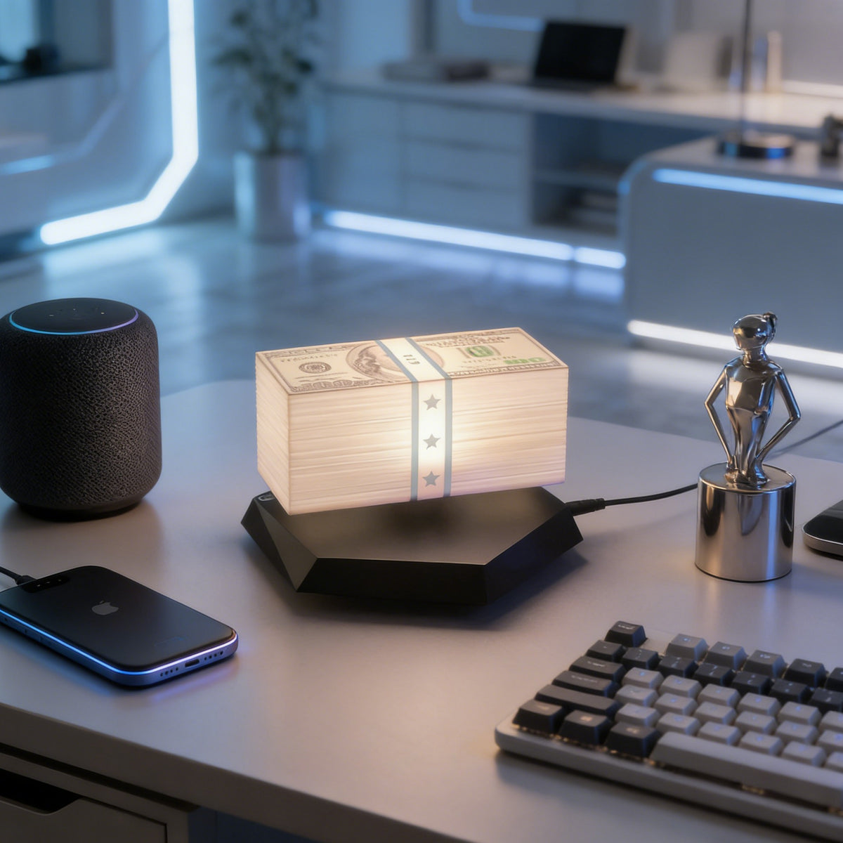 Floating money lamp on a modern desk setup