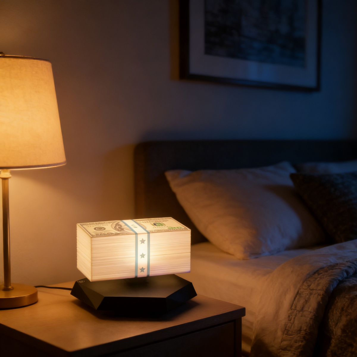 Floating money lamp as a bedside night light