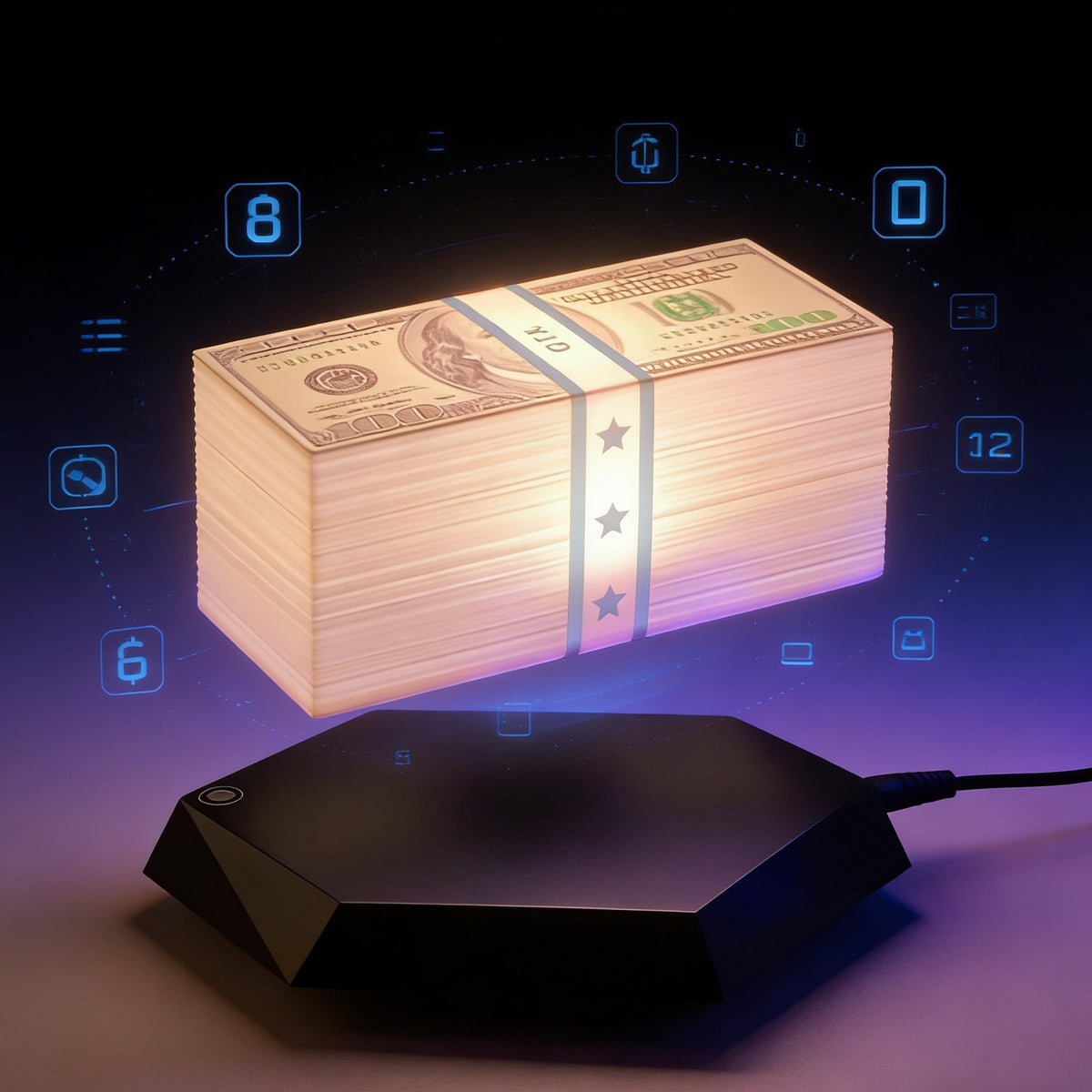 Floating money lamp glowing above its magnetic base