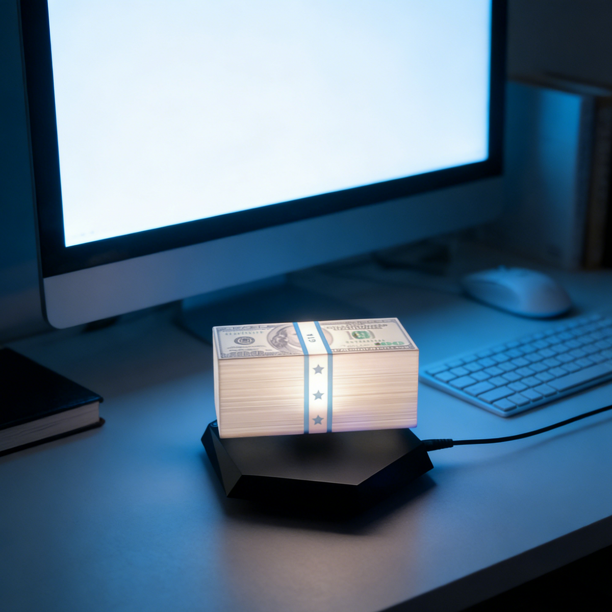 Floating money lamp in front of a monitor