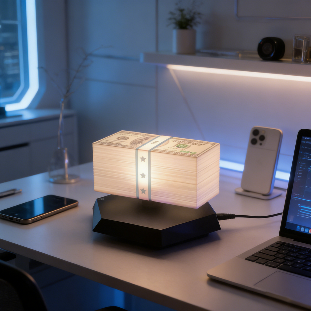 Floating money lamp next to a laptop