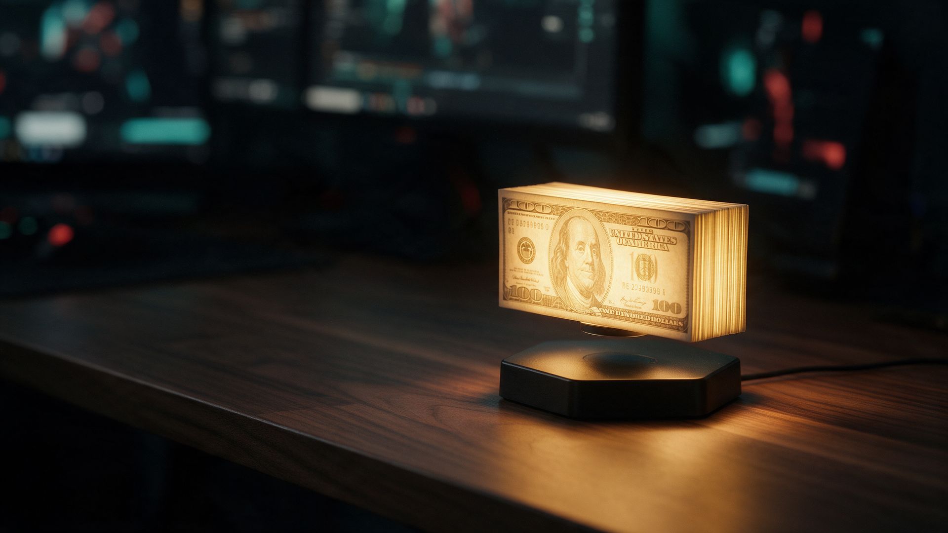 Glowing money-stack lamp floating above its black magnetic base on a desk at night