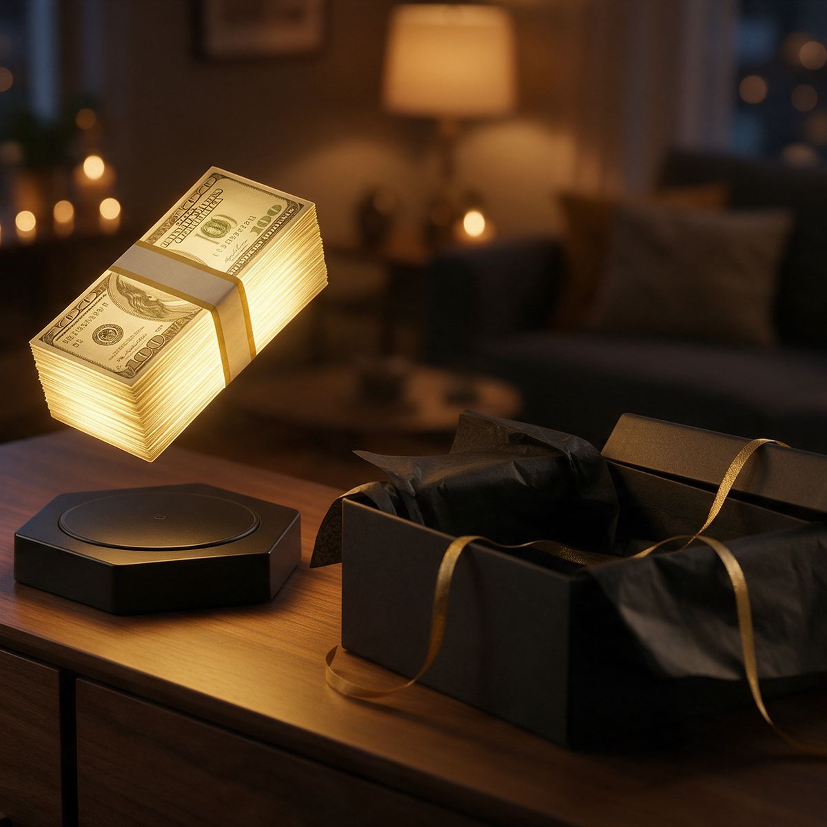 Money lamp glowing on a sideboard next to an open black gift box